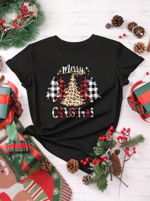 SHEIN EZwear Cây thông noel & Đồ họa Khẩu hiệu Áo thun - màu đen - Xem 1