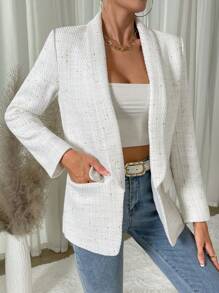 Ellegaria. Shawl Collar Flap Detail Open Front Blazer Fall Cloth For Women - White - View 6