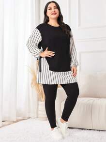 Mulvari 大碼條紋印花落肩袖下擺開叉T恤和緊身褲 - 黑與白 - 查看 1