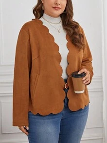 SHEIN LUNE Plus Scallop Trim Open Front Jacket - Brown - View 3