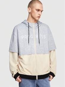 ROMWE MEN Street Life Men Letter Print Drop Shoulder Drawstring Hooded 2 In 1 Jacket - Grey - View 5