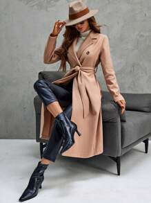 SHEIN Clasi Double Breasted Belted Overcoat - Khaki - View 3