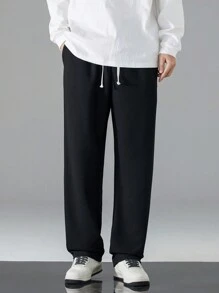 男士休闲宽松加厚华夫格直筒裤 - 黑色 - 查看 3