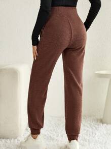 SHEIN 孕婦彈性腰帶斜口袋長褲 - 咖啡棕 - 查看 5