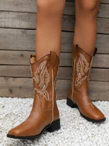 女士刺繡裝飾PU皮靴，2024新款中筒西部風格靴子，適用於秋冬戶外和假日季節，女性牛仔靴 - 棕色 - 查看 5