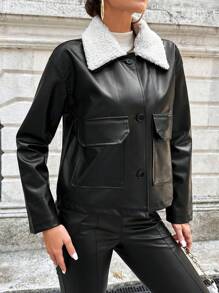 EURMUSE Borg Collar Flap Pocket Drop Shoulder PU Leather Jacket - Black - View 4
