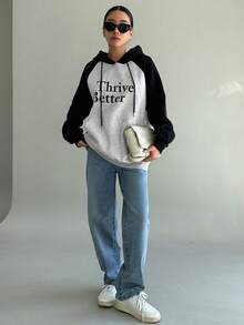 DAZY Letter Graphic Raglan Sleeve Drawstring Hoodie - Grey - View 3