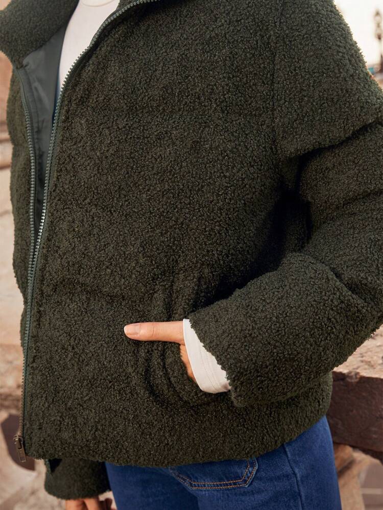 Zip Up Padded Coat For Winter Green Casual Christmas