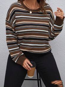 SHEIN CURVE+ Plus Striped Pattern Drop Shoulder Sweater - Multicolor - View 1