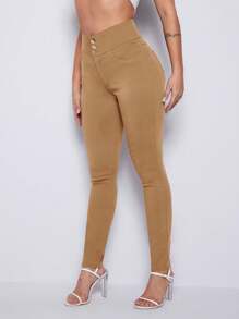 SHEIN 女性時尚修身純色長褲，休閒寬鬆款式 - 卡其色 - 查看 5