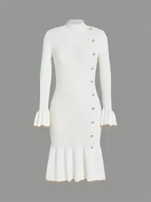 SHEIN Frenchy 小高領荷葉袖紐扣細節荷葉邊毛衣洋裝 - 米色 - 查看 7