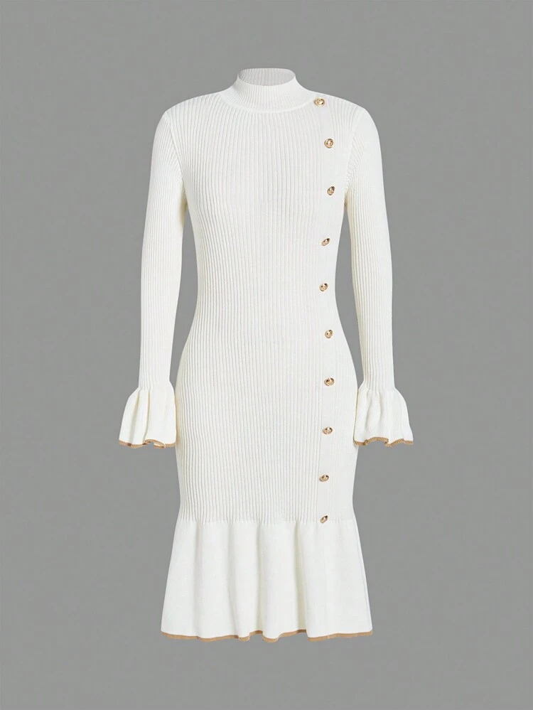 Mock Neck Flounce Sleeve Button Detail Ruffle Hem Sweater Dress Winter Elegant