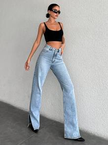 SHEIN PETITE Light Wash Split Hem Jeans - Blue - View 1