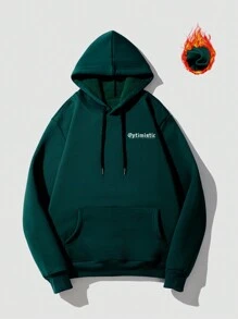 Manfinity LEGND 男士大码花和標語圖案袋鼠口袋抽繩連帽衫 - 墨綠色 - 查看 2