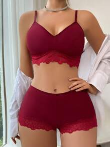對比花邊文胸和短褲內衣套裝 - 酒紅色 - 查看 5
