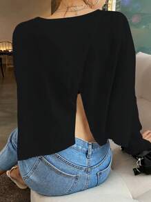 DAZY Women's Back Cross Wrap Drop Shoulder Top,Fall Clothes Long Sleeve Women Tops - Black - View 4