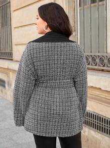SHEIN Privé Plus Plaid Pattern Lapel Neck Belted Overcoat - Black - View 2