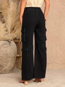 SHEIN LUNE High Waist Flap Pocket Side Cargo Jeans - Black - View 2