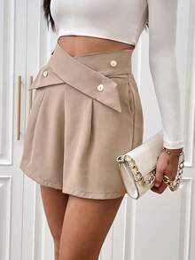 SHEIN Privé Criss Cross Button Detail Shorts - Mocha Brown - View 3