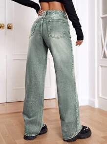SHEIN EZwear Bolso Inclinado Perna Larga Jeans - Verde - Ver 2