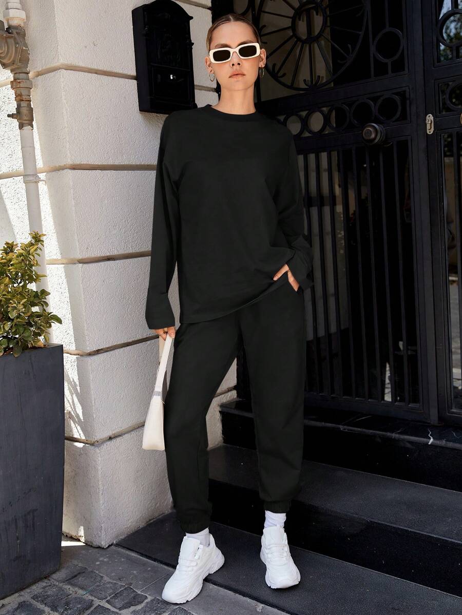 SHEIN Cottnline 纯色落肩运动衫和运动裤 - 黑色 - 查看 1