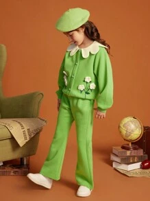 Tween Girl Floral Embroidery Peter Pan Collar Lantern Sleeve Jacket & Flare Leg Pants - Green - View 6