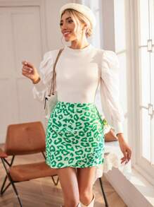GENKIRA 豹紋高腰半身裙 - 綠色 - 查看 5