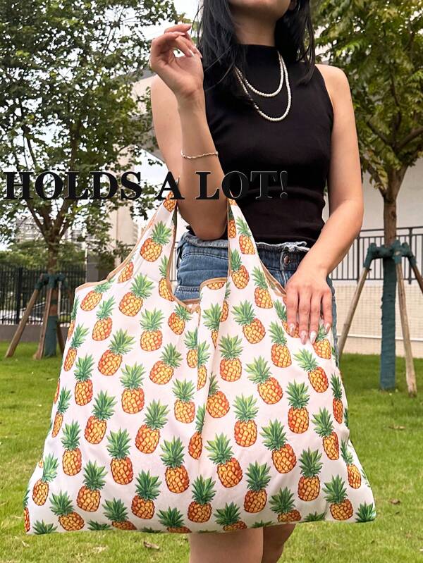 Cartoon Pineapple Print Foldable Portable Supermarket Shopping Bag With Large Capacity