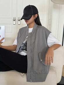 DAZY Áo khoác vest có dây kéo có nắp - Xám - Xem 4