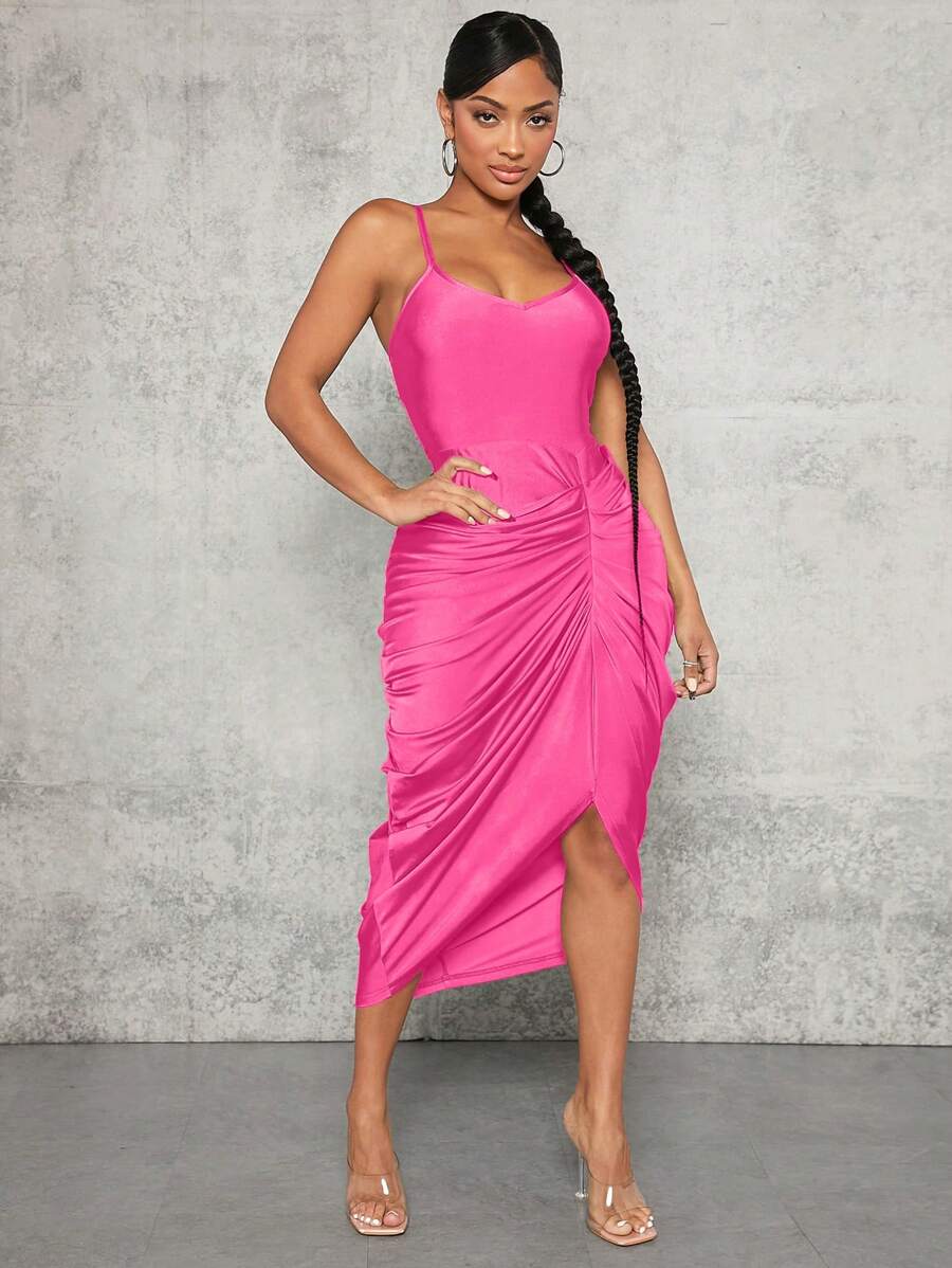 SHEIN SXY 褶邊不對稱下擺緞面吊帶洋裝 - 西瓜粉 - 查看 1