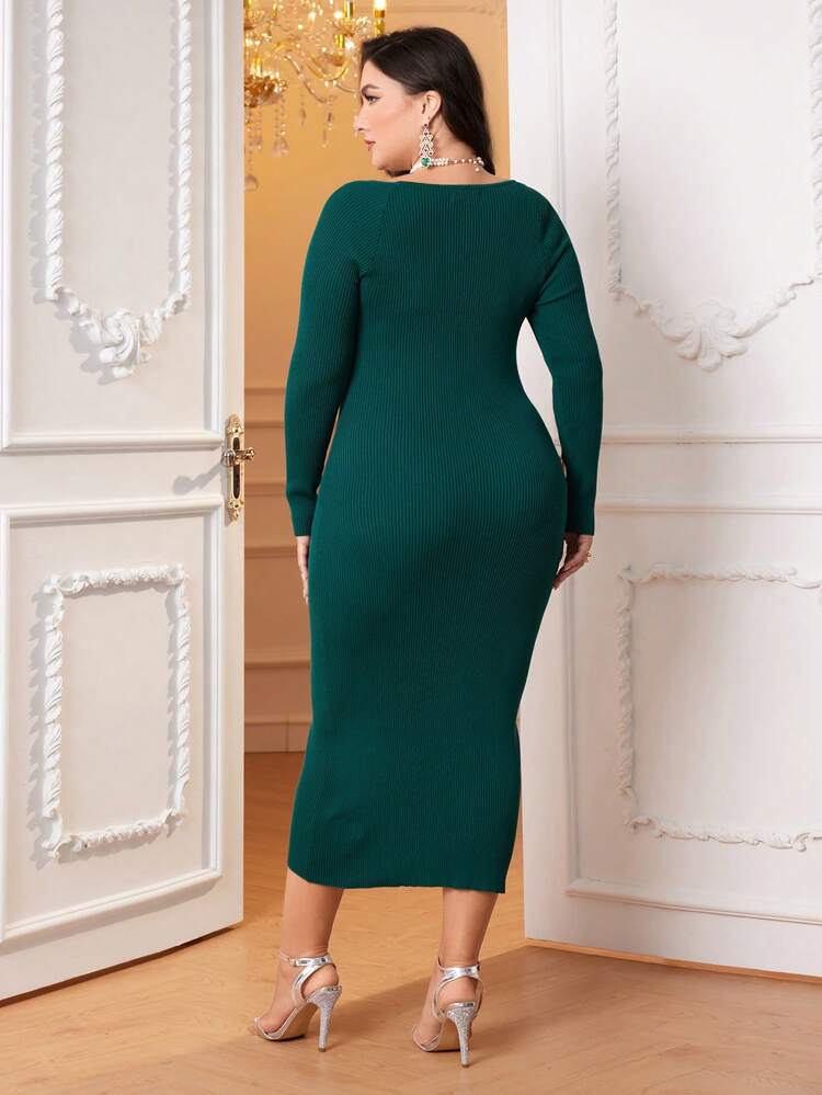Plus 1pc Rhinestone Detail Bodycon Sweater Dress Fall Cloth For Women