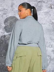 SHEIN SXY Plus Flap Detail Raglan Sleeve Zip Up Sweatshirt - Light Grey - View 2