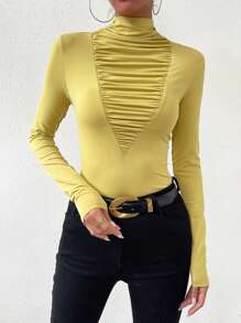 SHEIN Essnce 小高領正面褶皺T恤 - 芥末黃 - 查看 3