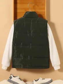 SHEIN Tween Boy 1 件字母贴花细节翻盖口袋背心夹棉外套 - 軍綠色 - 查看 2