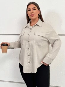 SHEIN Essnce Talla grande Abrigo con bolsillo con solapa de hombros caídos - Albaricoque - Ver 6