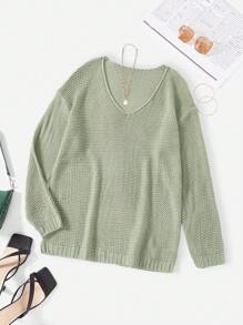 SHEIN Essnce 純色 V 領落肩毛衣 - 灰色 - 查看 1