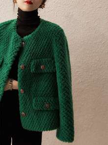 Solid Button Front Fuzzy Coat - Green - View 4