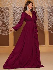 YISIKADO Plunging Neck Ruffle Trim Lantern Sleeve Dress - Burgundy - View 5