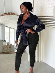 Slaydiva High Waist Ruched Mesh Leggings - Black - View 5