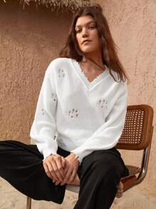 Bohemela V Neck Drop Shoulder Ripped Detail Sweater