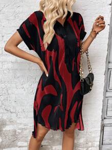 SHEIN LUNE Graphic Print Batwing Sleeve High Low Hem Shirt Dress - Rose Red - View 6