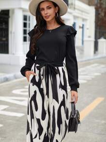 SHEIN Clasi Ruffle Trim Top & Graphic Print Belted Pants - Black and White - View 3