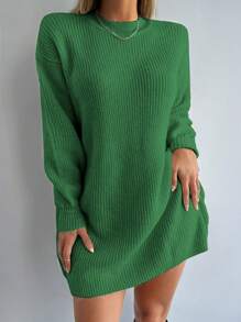 EURMUSE Drop Shoulder Ribbed Knit Sweater Dress Without Belt - Dark Green - View 5