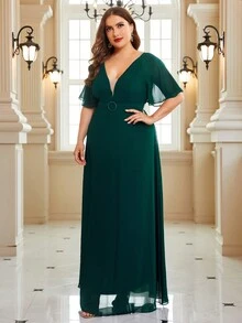 SHEIN Belle 大碼深V領蝴蝶袖腰帶雪紡伴娘洋裝 - 墨綠色 - 查看 5