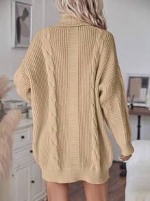 EMERY ROSE Turtleneck Cable Knit Drop Shoulder Sweater Dress Fall Winter Cloth For Women - Apricot - View 2