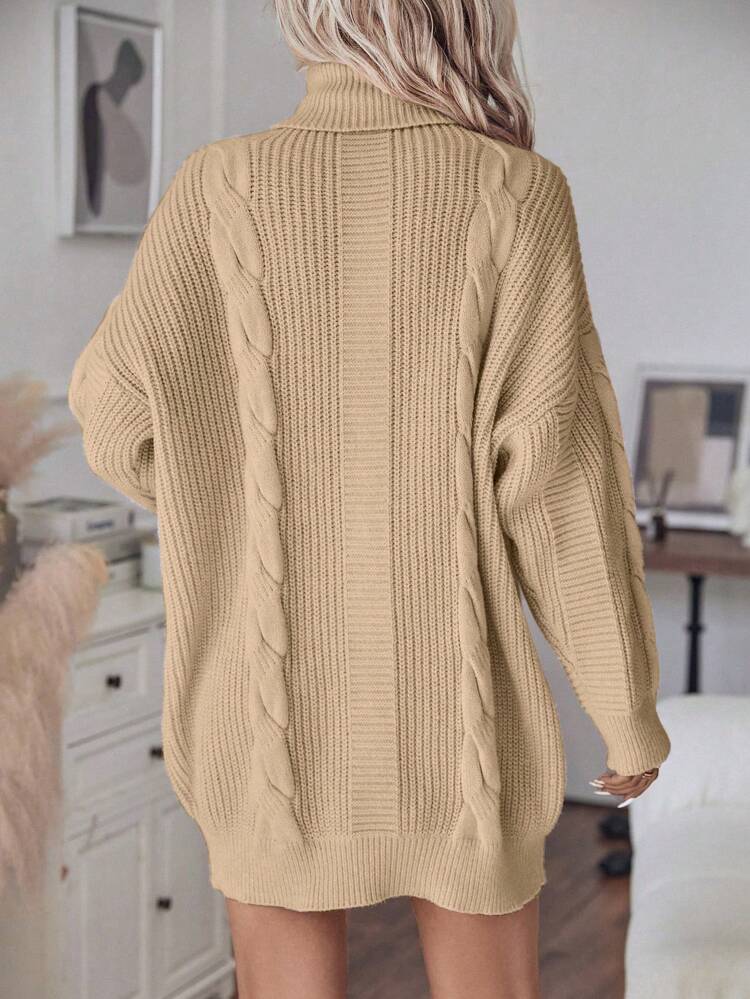 Turtleneck Cable Knit Drop Shoulder Sweater Dress Fall Winter Cloth For Women