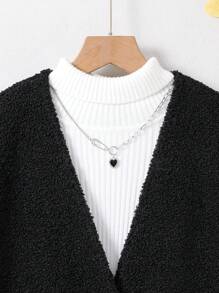 SHEIN Tween Girl 1pc Solid Button Front Overcoat - Black - View 3