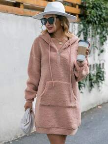 Simplee Kangaroo Pocket Drop Shoulder Drawstring Teddy Hoodie Dress - Pink - View 4