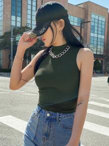 DAZY Mock Neck Ribbed Knit Tank Top - Army Green - View 4