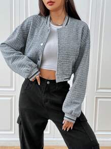 SHEIN EZwear Striped Trim Drop Shoulder Crop Bomber Jacket - Grey - View 1